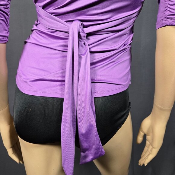 Y2K Zip Up Tie Back Blouse Office Siren Whimsigoth Size S Purple Fitted Ruched - Picture 10 of 13
